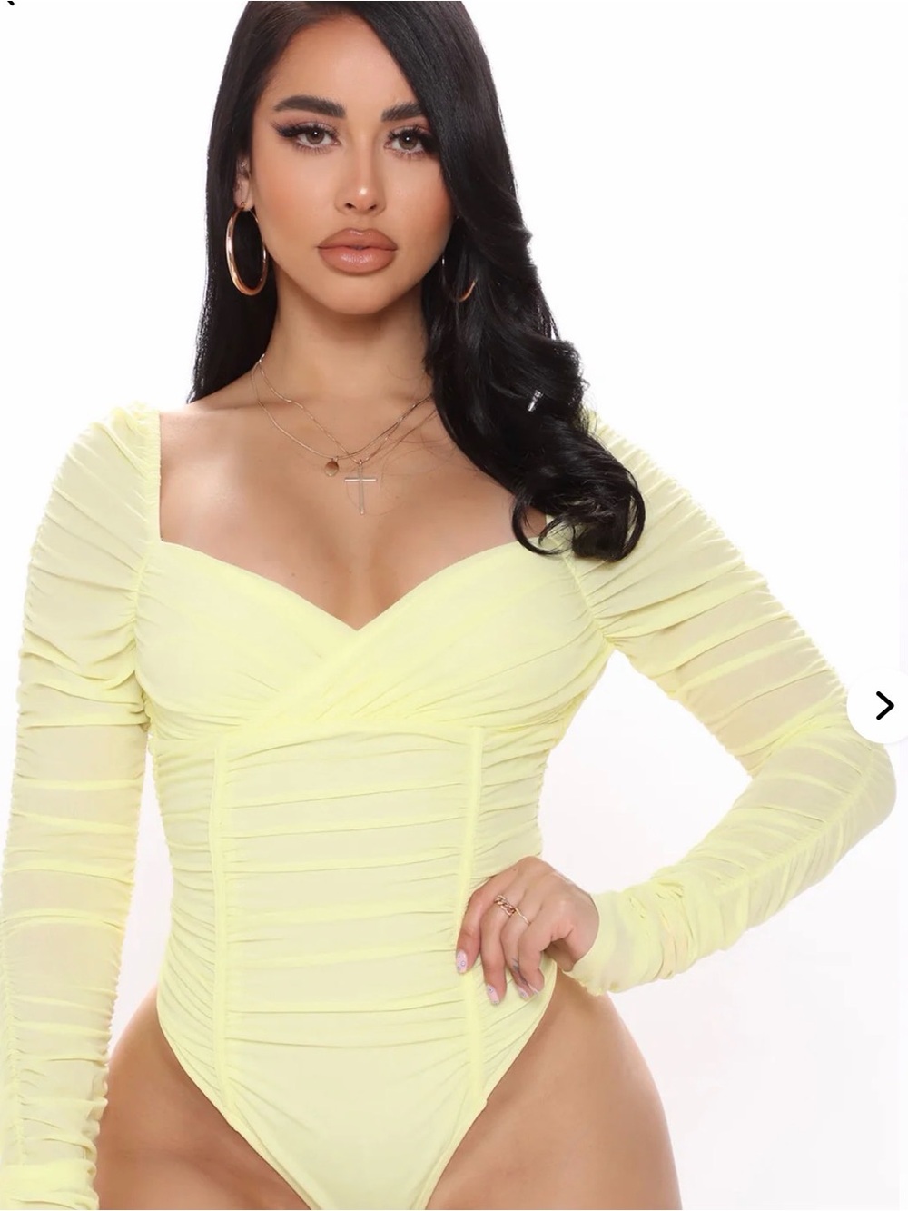 Fashion Nova Pale Yellow Ruched Sweetheart Long Sleeve Bodysuit
